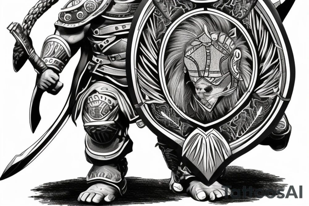 badass spartan holding a shield with a lion engraved in it tattoo idea