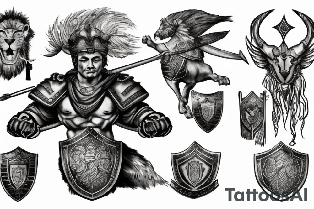 badass spartan holding a shield with a lion engraved in it tattoo idea