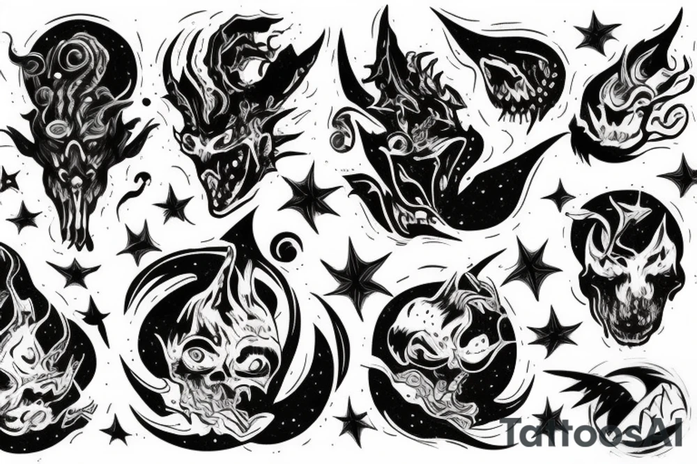 demon set in space background with rip skin edge tattoo idea