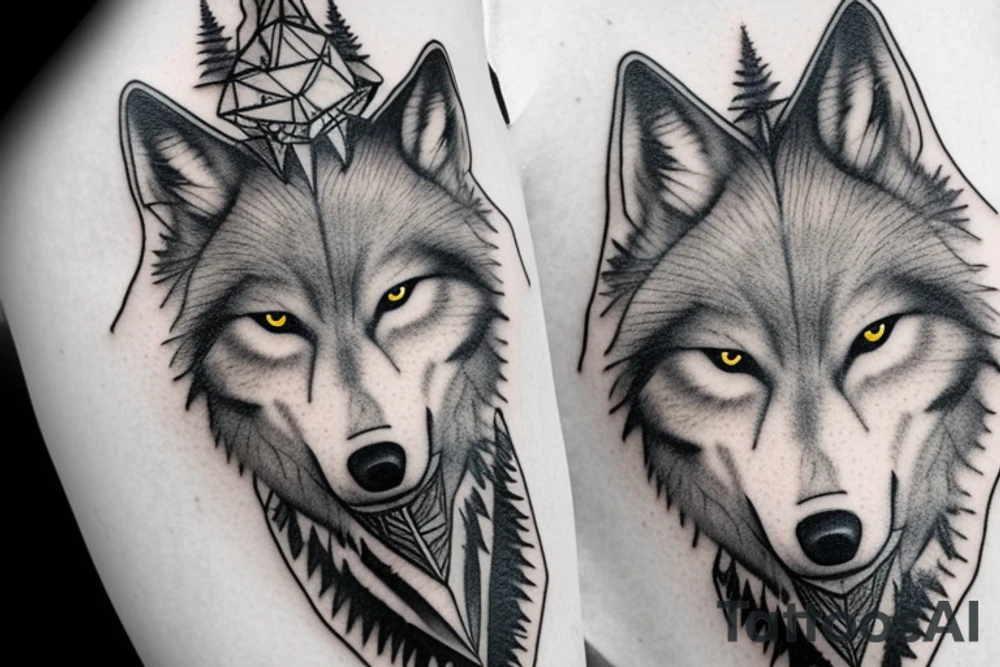 Wolf over looking man building teepee in forest tattoo idea