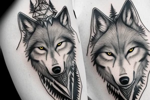Wolf over looking man building teepee in forest tattoo idea