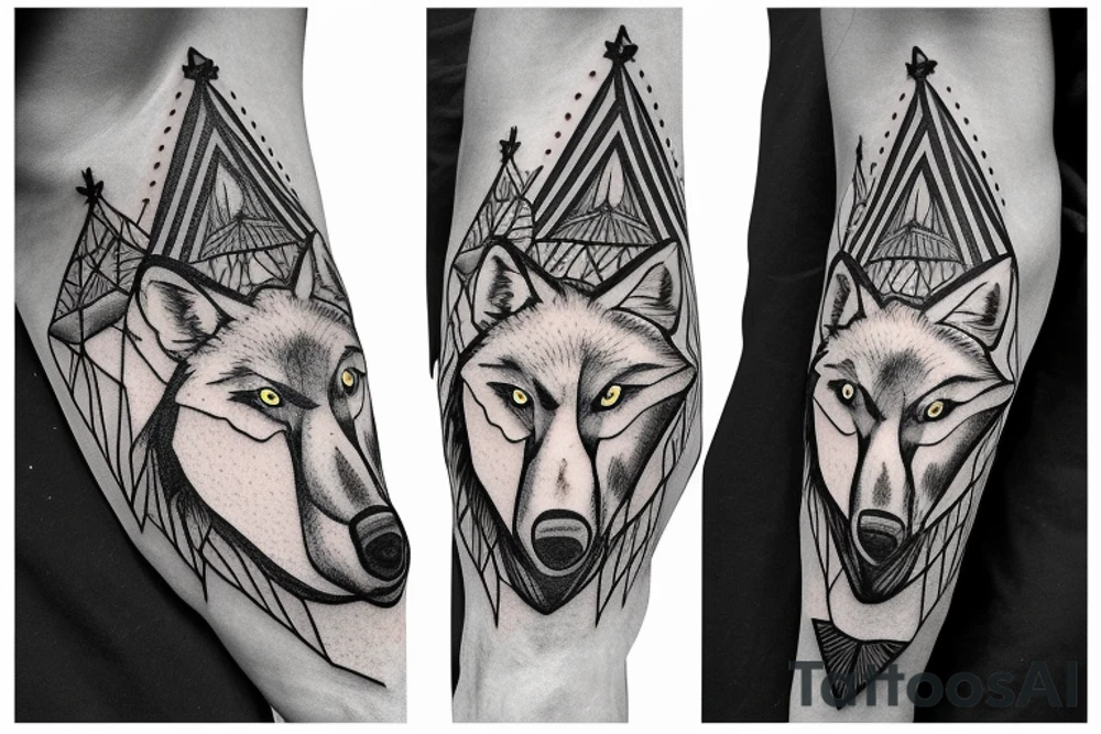 Wolf over looking man building teepee in forest tattoo idea