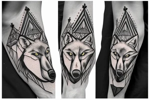 Wolf over looking man building teepee in forest tattoo idea