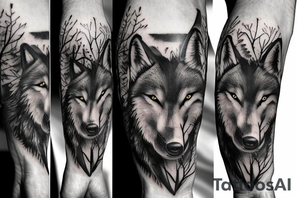 Wolf over looking man forest tattoo idea