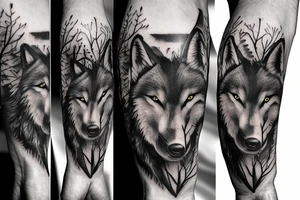 Wolf over looking man forest tattoo idea