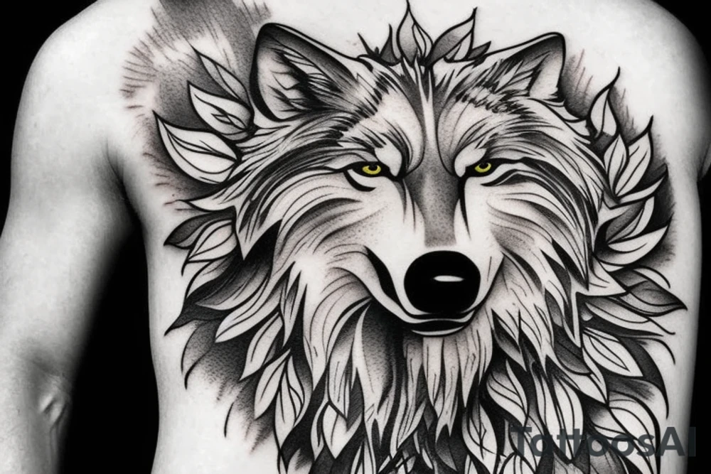 Wolf over looking man forest tattoo idea
