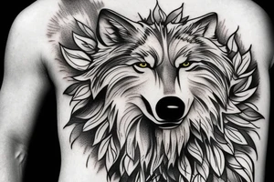 Wolf over looking man forest tattoo idea