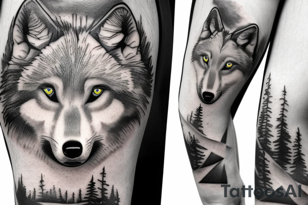 Wolf over looking man forest tattoo idea