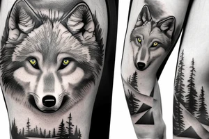 Wolf over looking man forest tattoo idea