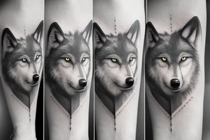Wolf over looking man forest tattoo idea