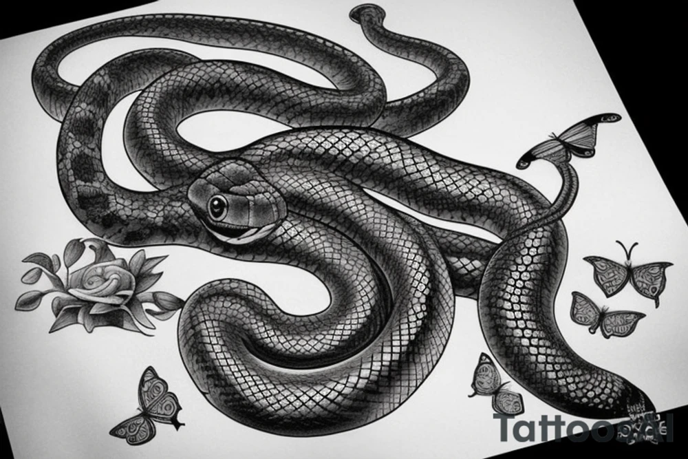 A detailed snake combined with a butterfly tattoo idea