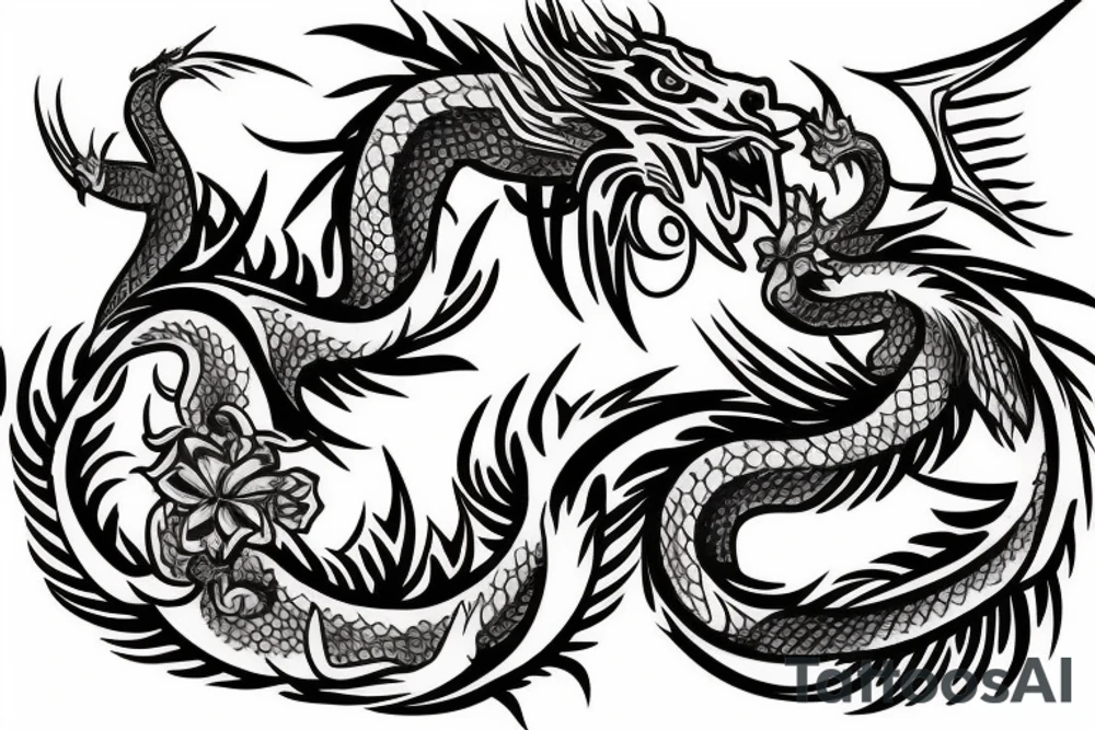 a western style dragon with flowers tattoo idea
