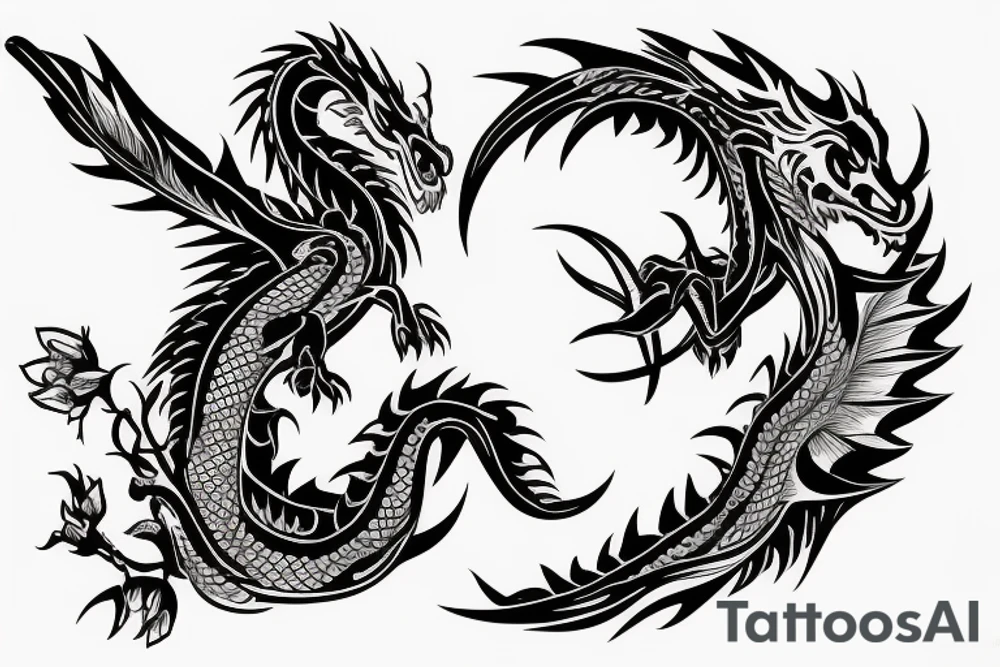 a fine line western style dragon with flowers tattoo idea