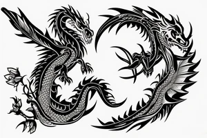 a fine line western style dragon with flowers tattoo idea