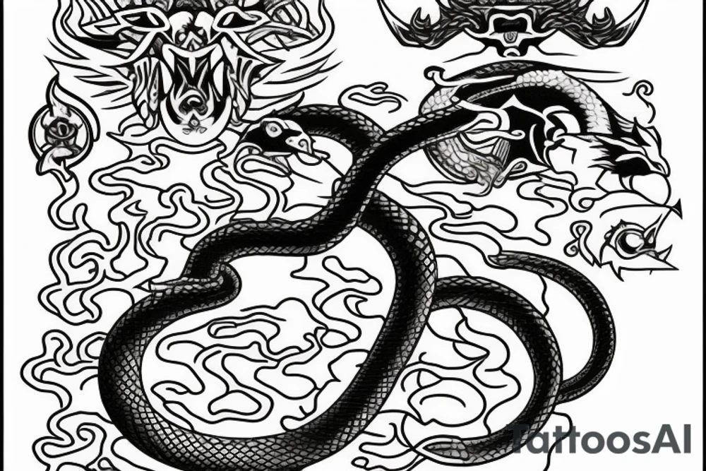 A sword whit an snake and sun and demon wing tattoo idea