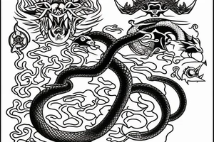 A sword whit an snake and sun and demon wing tattoo idea