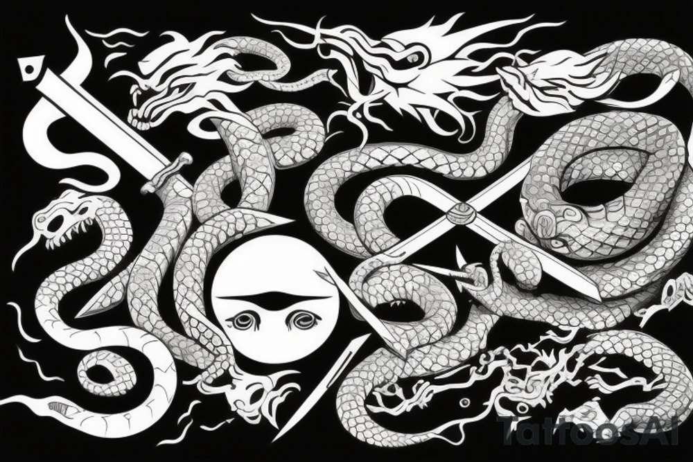 A sword whit an snake and sun and demon wing tattoo idea