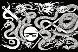 A sword whit an snake and sun and demon wing tattoo idea