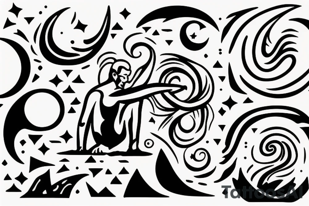 a man with long air coming out of the water with his reflection on the water. At night with moon. tattoo idea