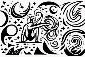 a man with long air coming out of the water with his reflection on the water. At night with moon. tattoo idea