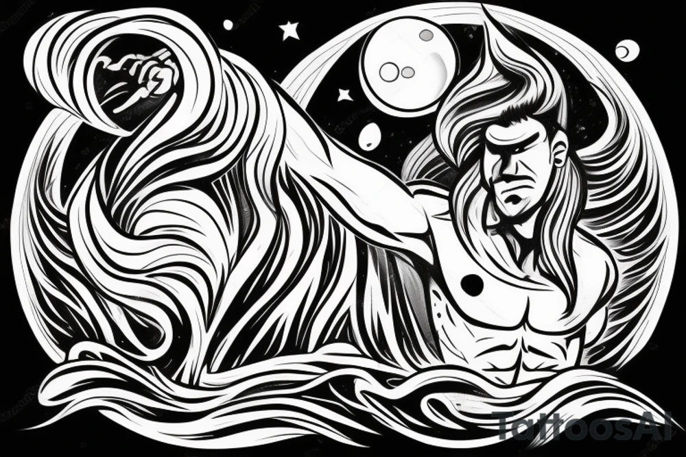 a man with long air coming out of the water with his reflection on the water. At night with moon. tattoo idea