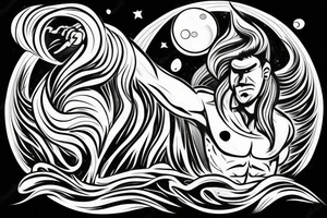 a man with long air coming out of the water with his reflection on the water. At night with moon. tattoo idea
