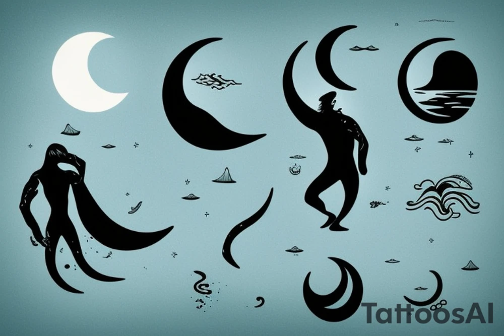 a man with long air coming out of the sea, with his reflection on the water. At night with moon. tattoo idea