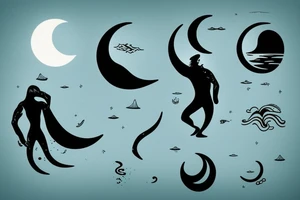 a man with long air coming out of the sea, with his reflection on the water. At night with moon. tattoo idea