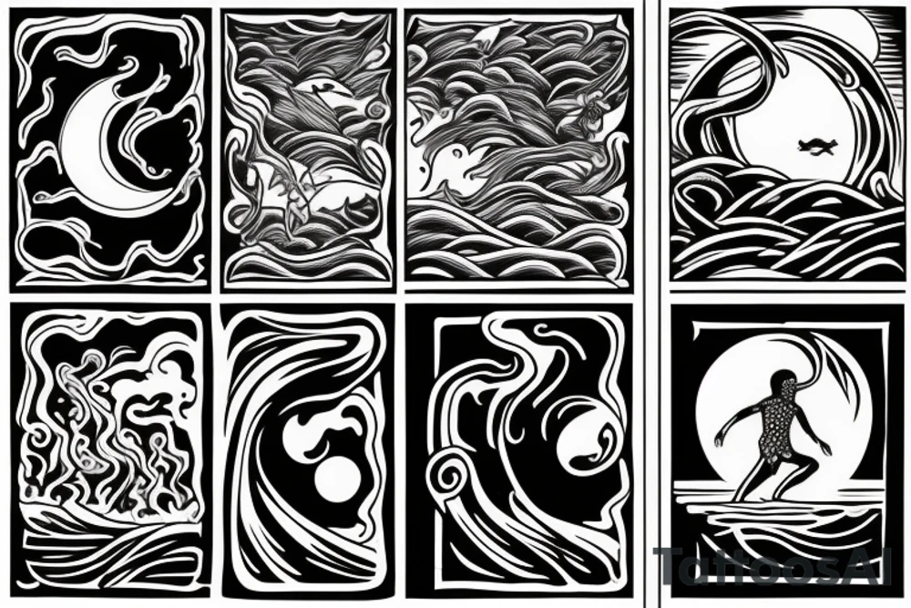 a man with long air coming out of the sea, with his reflection on the water. At night with moon. tattoo idea