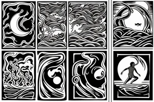a man with long air coming out of the sea, with his reflection on the water. At night with moon. tattoo idea