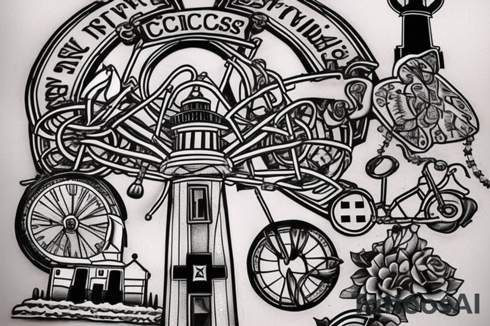 Include a cross, a lighthouse, a bicycle, an ambulance, a soccer ball, a shamrock and a music note, a book, a crossword and a butterfly tattoo idea