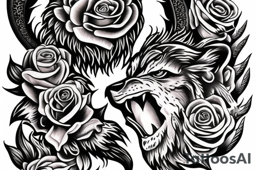 full hand sleve tattoo with lion face, eagle, Jesus and roses tattoo idea