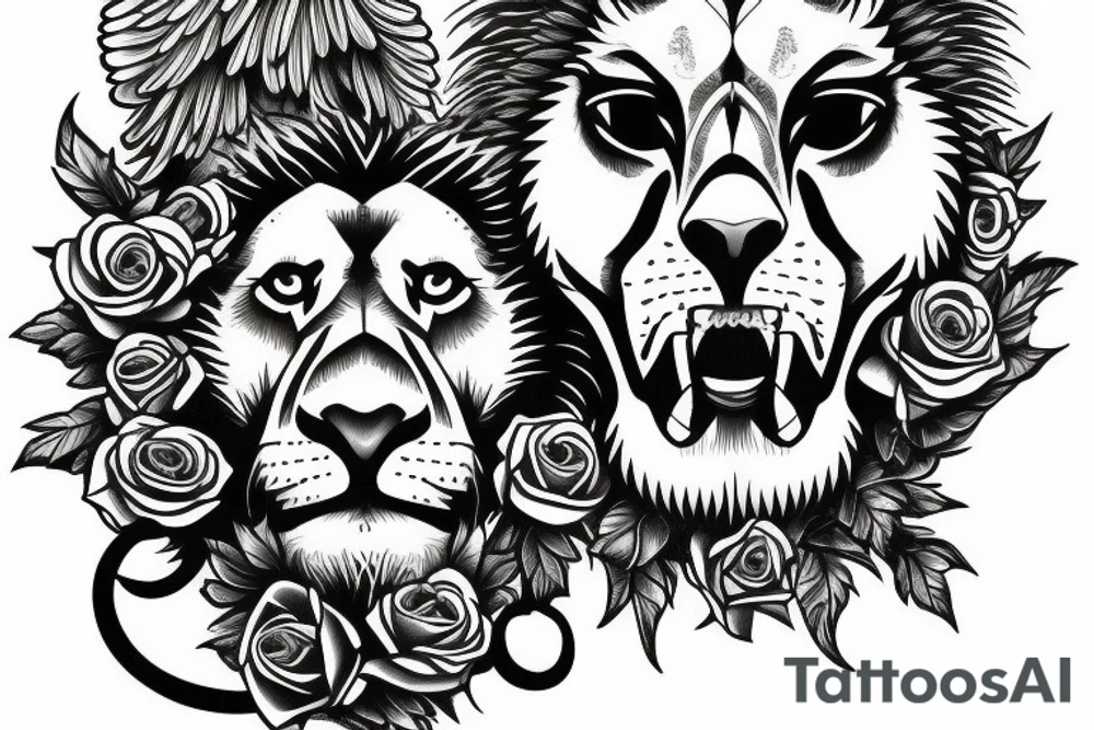 full hand sleve tattoo with lion face, eagle, Jesus and roses tattoo idea