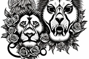 full hand sleve tattoo with lion face, eagle, Jesus and roses tattoo idea
