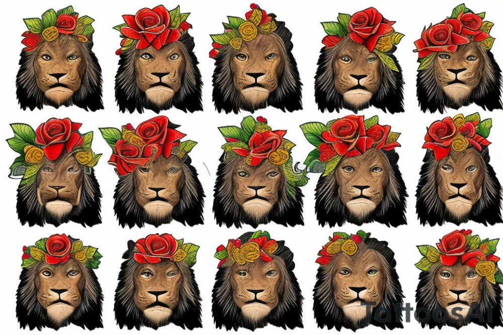 lion face, eagle, Jesus and roses tattoo idea