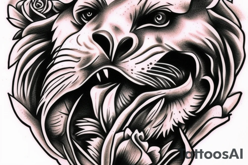 lion face, eagle, Jesus and roses tattoo idea