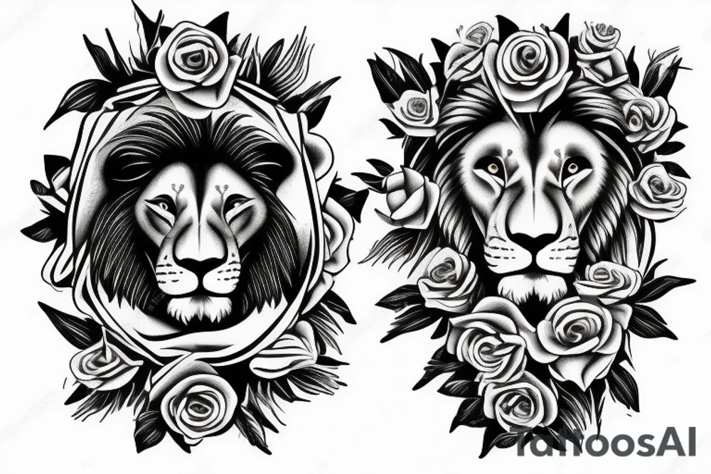 lion face, eagle, Jesus and roses tattoo idea