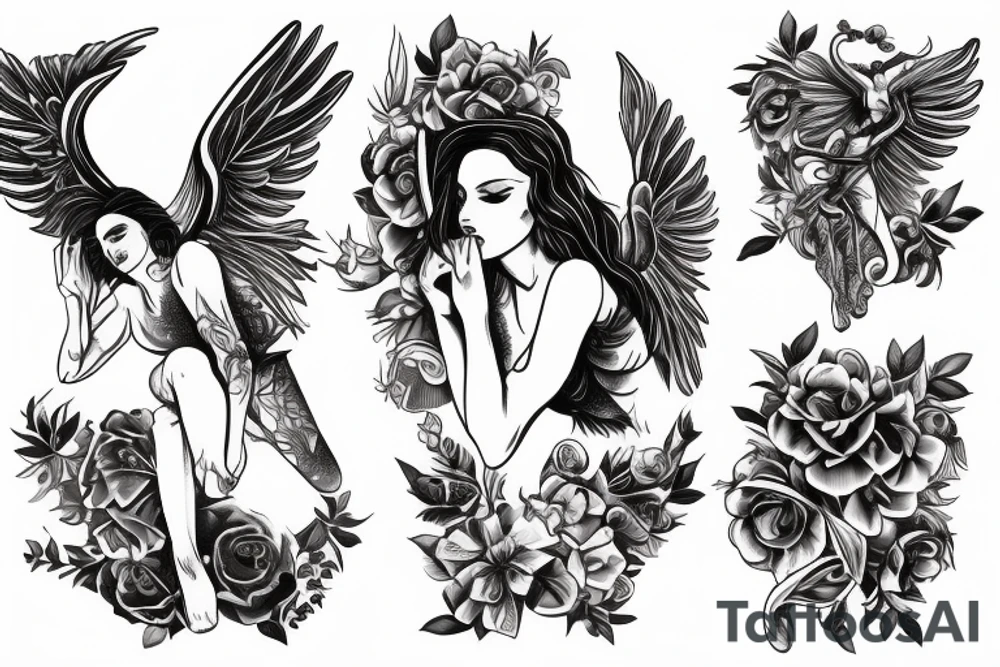 sensual female angel with arms lifted to support tattoo idea