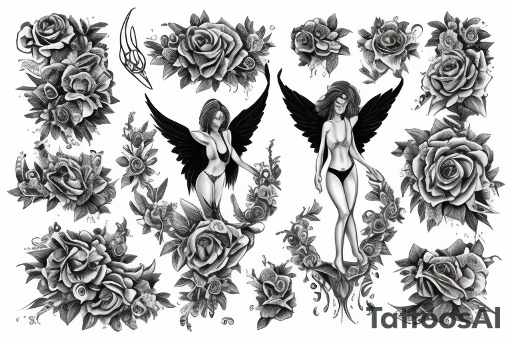 sensual female angel with arms lifted to support tattoo idea