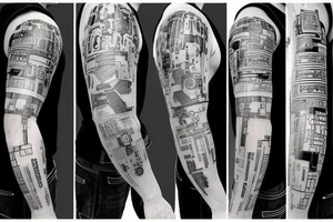 Thick, Cyberpunk Tattoo sleeve for left arm containing a bunch of references to technology, such as error codes, wiring, numbers. tattoo idea