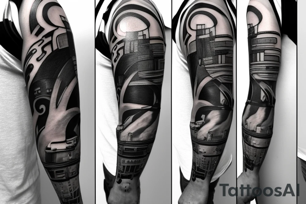 Thick, Cyberpunk Tattoo sleeve for left arm containing a bunch of references to technology, such as error codes, wiring, numbers. tattoo idea