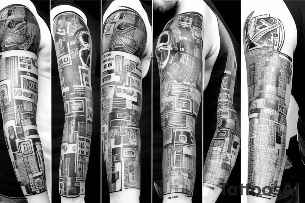 Thick, Cyberpunk Tattoo sleeve for left arm containing a bunch of references to technology, such as error codes, wiring, numbers. tattoo idea