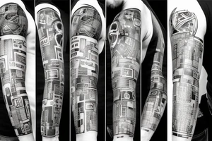 Thick, Cyberpunk Tattoo sleeve for left arm containing a bunch of references to technology, such as error codes, wiring, numbers. tattoo idea