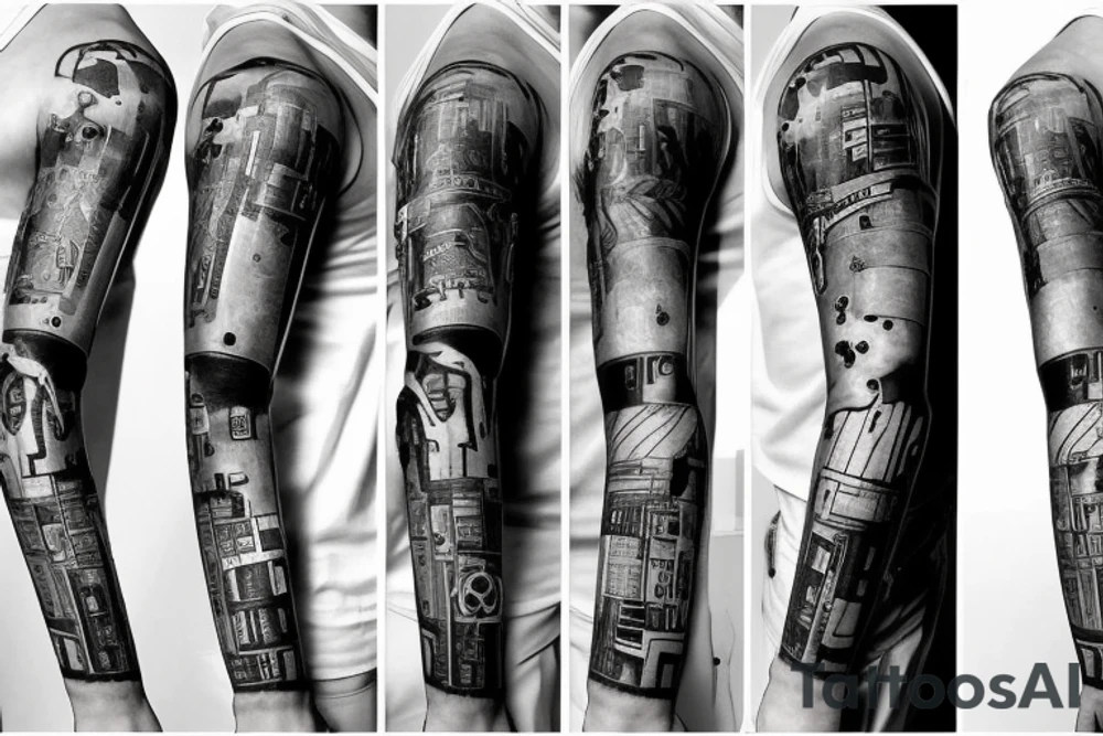 Thick, Cyberpunk Tattoo sleeve for left arm containing a bunch of references to technology, such as error codes, wiring, numbers. tattoo idea