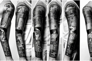 Thick, Cyberpunk Tattoo sleeve for left arm containing a bunch of references to technology, such as error codes, wiring, numbers. tattoo idea