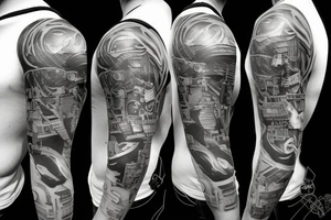 Thick, Cyberpunk Tattoo sleeve for left arm, hand, and chest containing a bunch of references to technology, such as error codes, wiring, numbers, video games. tattoo idea