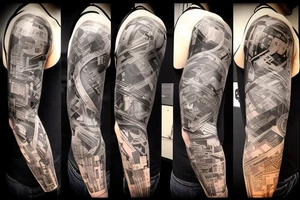 Thick, Cyberpunk Tattoo sleeve for left arm, hand, and chest containing a bunch of references to technology, such as error codes, wiring, numbers, video games. tattoo idea