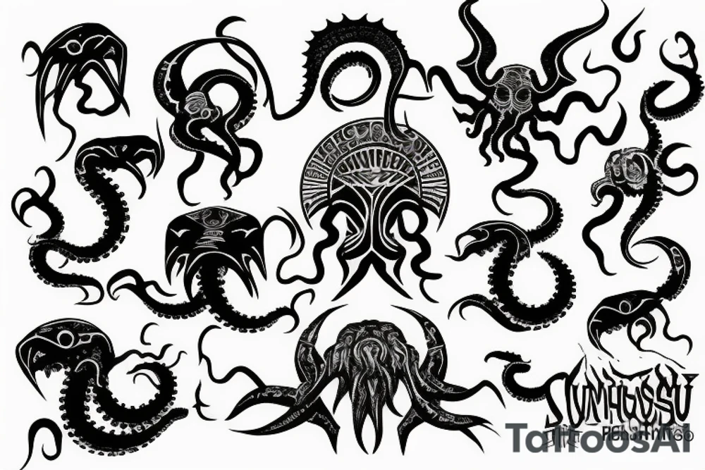 sunrise with cthulhu rising out of an ocean tattoo idea