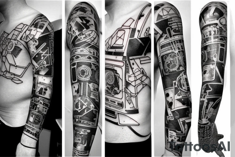 Thick, Cyberpunk Tattoo sleeve for left arm, hand, and chest. Japanese influence, containing a bunch of references to technology, such as error codes, wiring, numbers, video games. Has the year 2023 on it in Gothic Letters tattoo idea
