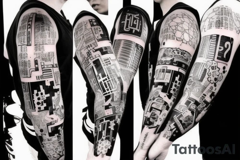 Thick, Cyberpunk Tattoo sleeve for left arm, hand, and chest. Japanese influence, containing a bunch of references to technology, such as error codes, wiring, numbers, video games. Has the year 2023 on it in Gothic Letters tattoo idea